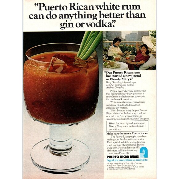 1981 Puerto Rican Rums Bloody Mary Cocktail Vintage Print Ad Brunch Wall Art - Picture 1 of 2